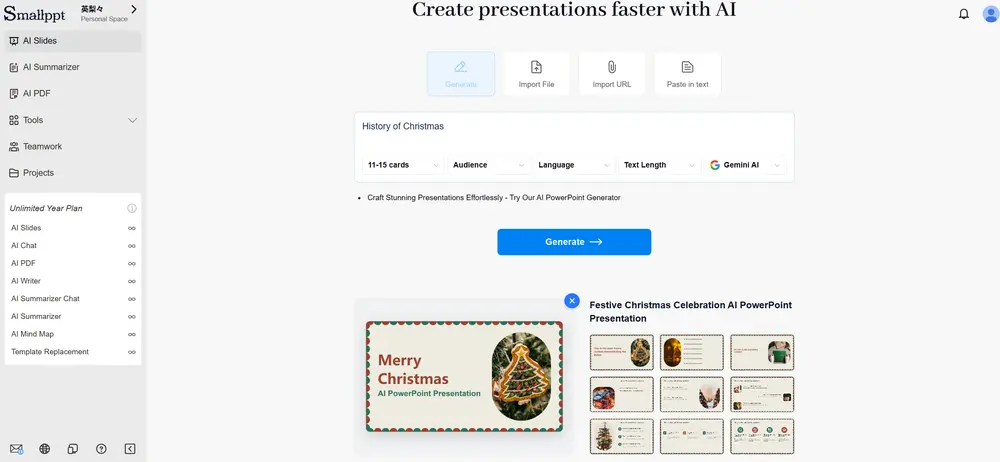 Step 3: entering the Christmas topic keywords and clicking Generate on Smallppt