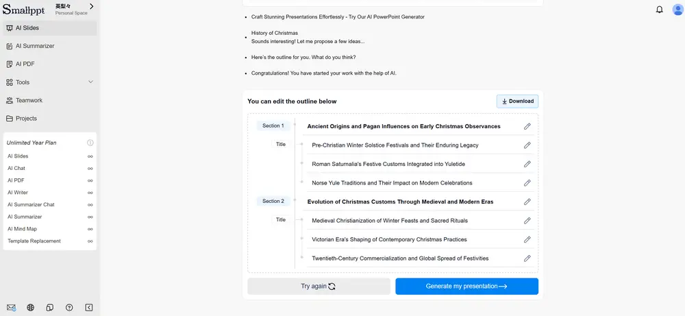 Step 4: refining the AI outline before generating the presentation on Smallppt