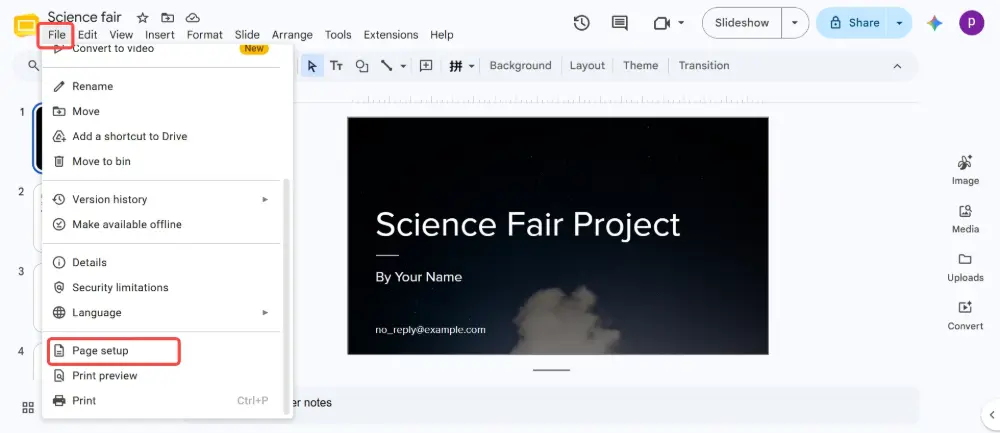 Click File → Page setup.