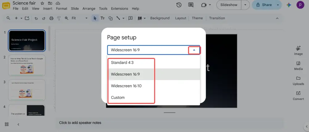 Click the dropdown (it shows "Widescreen 16:9" by default). Choose a preset: Standard 4:3, Widescreen 16:9, or Widescreen 16:10.