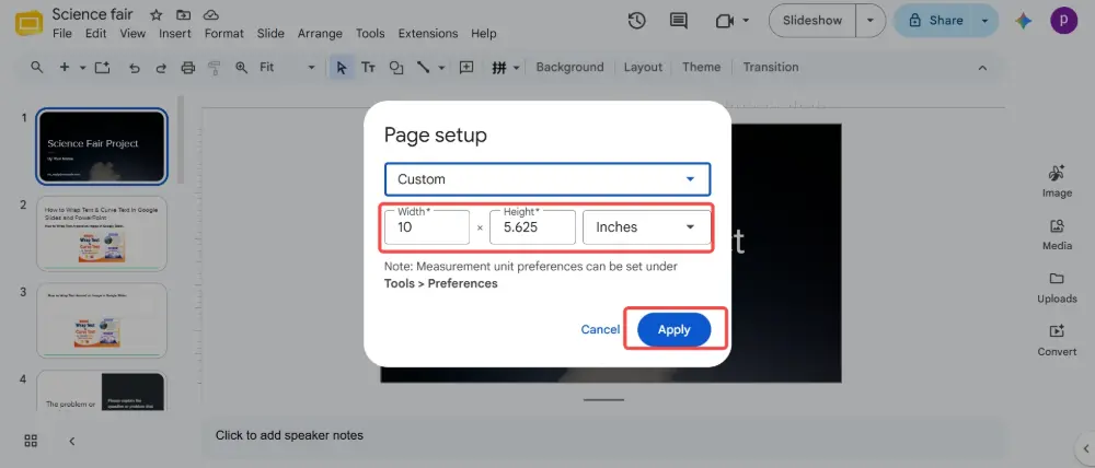 Or select Custom → enter your desired width and height (in inches, cm, points, or pixels). Click Apply.