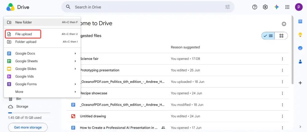Go to Google Drive → drag and drop the .pptx file to upload it.