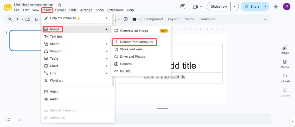 For each slide: Insert → Image → Upload from computer → select the PNG file.