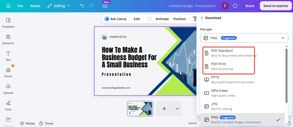 In Canva, click Share → Download → select PDF Standard or PDF Print.
