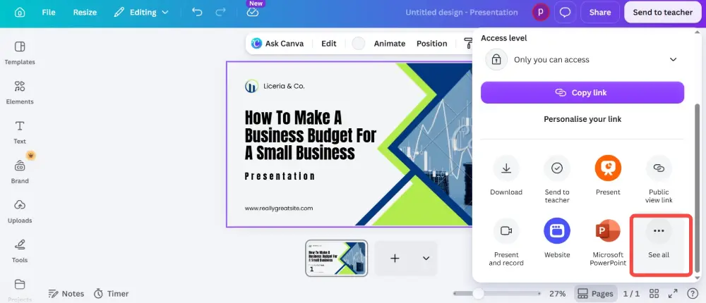 In Canva, click Share → scroll down to "More".