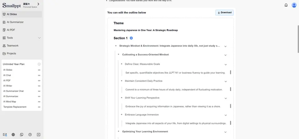 Step 2: refining the AI-generated outline in Smallppt