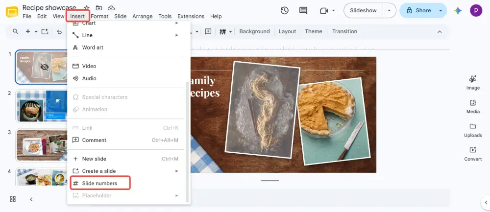Open your presentation in Google Slides. Click Insert → Slide numbers.