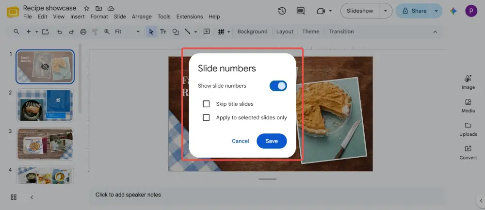 Select "On" to add numbers to all slides. Optionally check "Skip title slides" — this hides the number on any slide using a title slide layout. Click Apply.