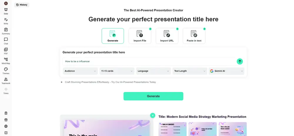 Langkah 3: ketik kata kunci lalu klik 'Generate' di Gamma