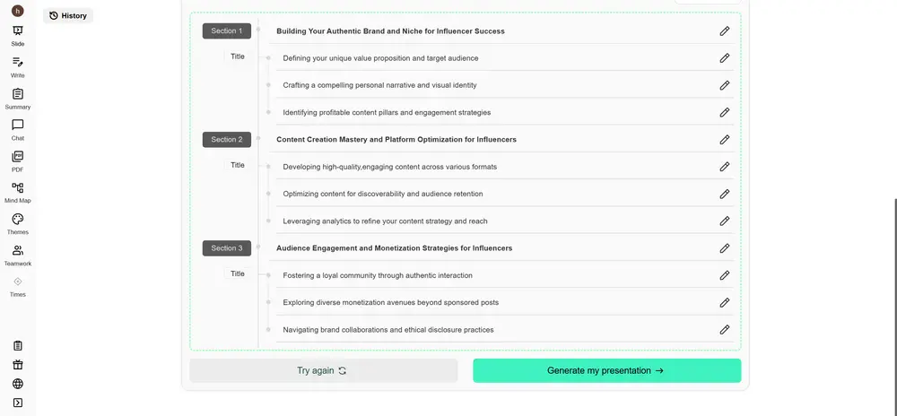 Langkah 4: sesuaikan outline AI di Gamma sebelum membuat presentasi