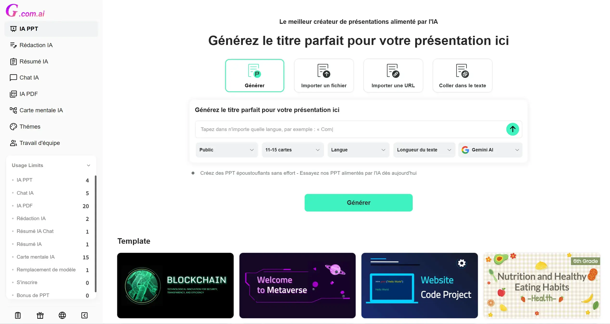 Étape 3 : saisir des mots-clés et cliquer sur « Générer » dans Gamma