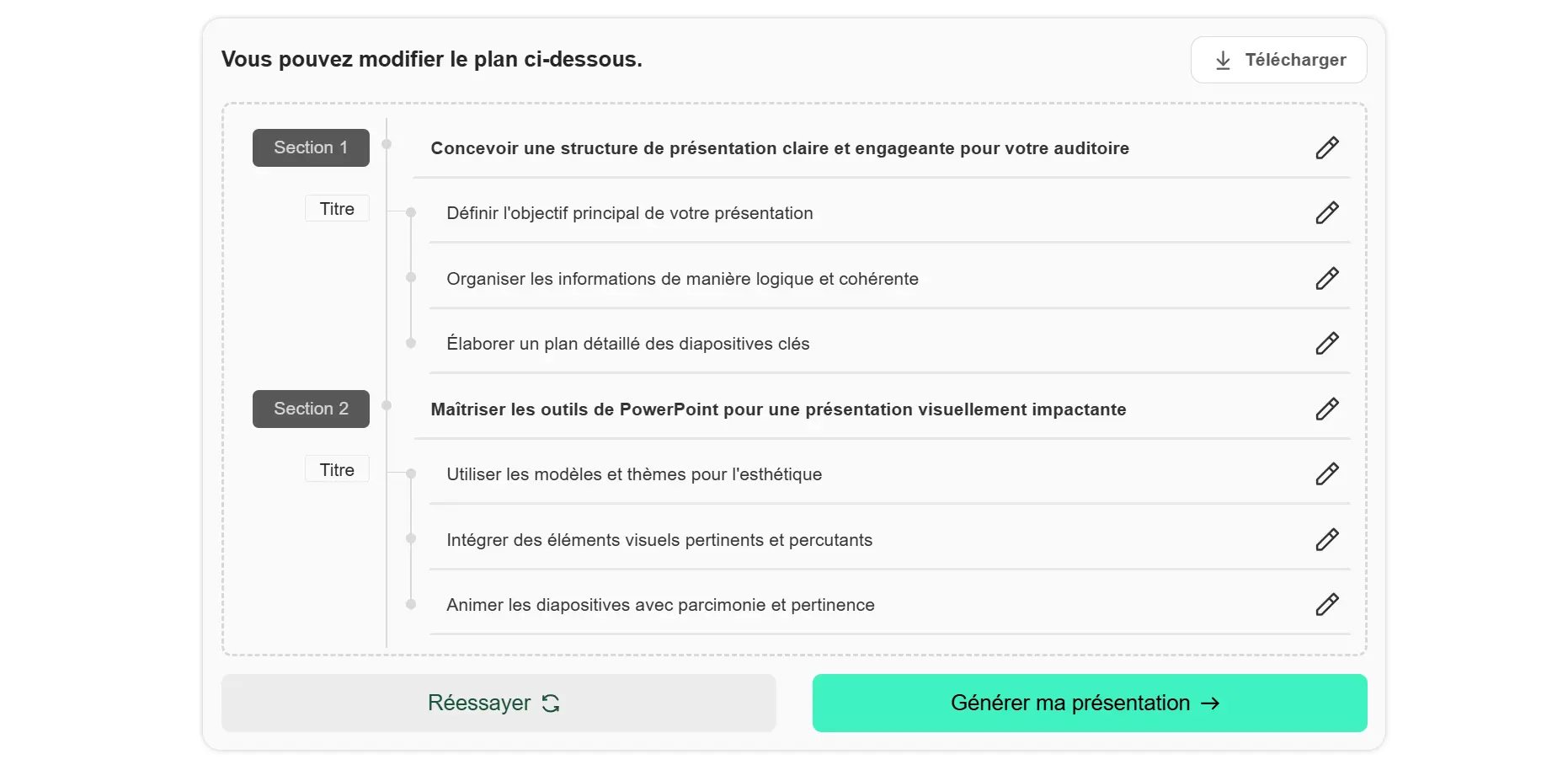 Étape 4 : ajuster le plan généré par l'IA dans Gamma avant de créer la présentation