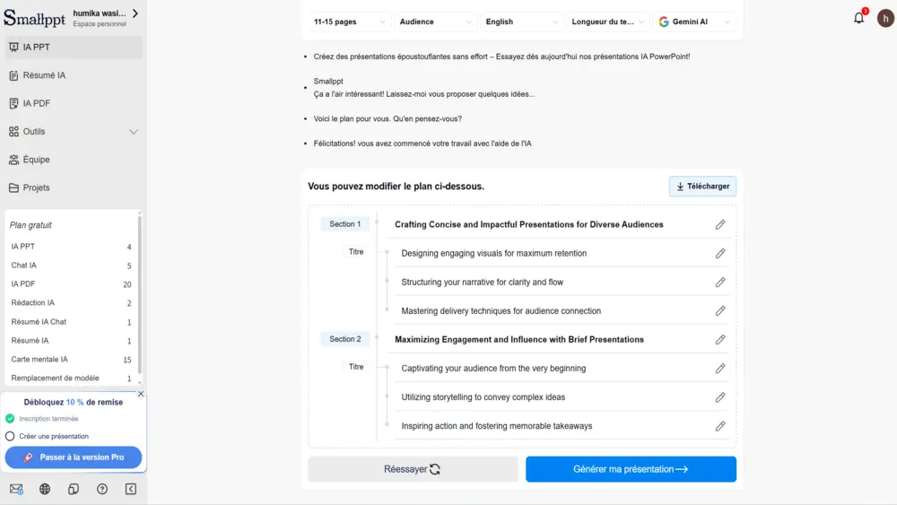 Étape 4 : modifier le plan généré par l'IA avant de créer la présentation dans Smallppt