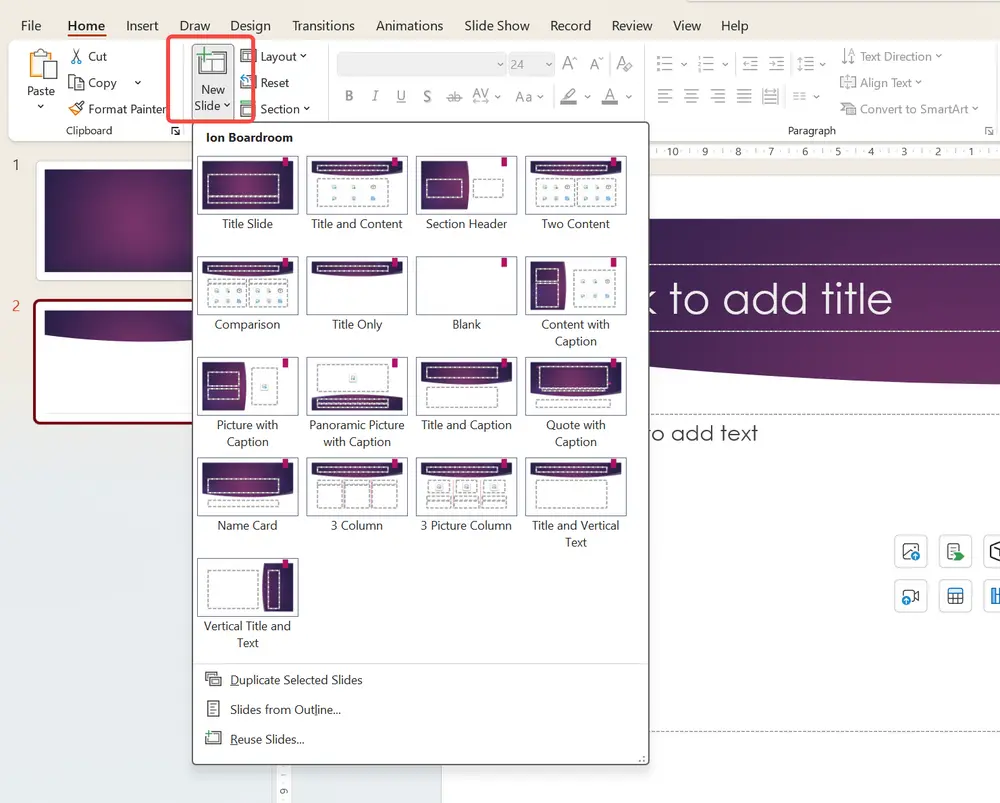 Adding new slides and choosing layouts in PowerPoint