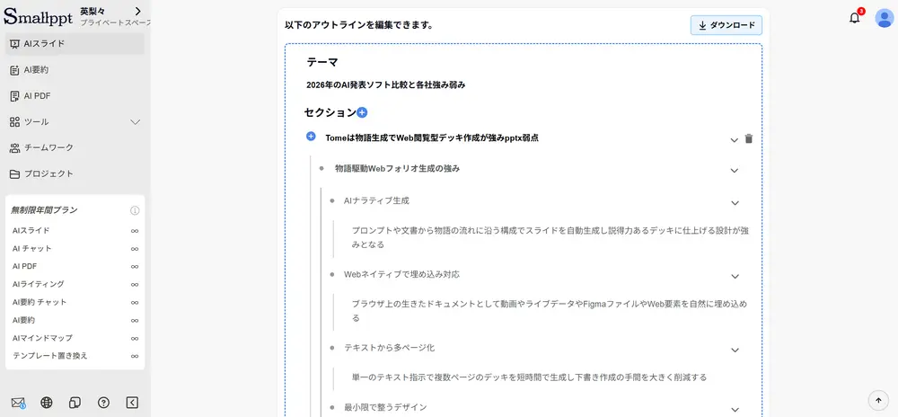 ステップ3：SmallpptがWordの内容からアウトラインを自動生成する