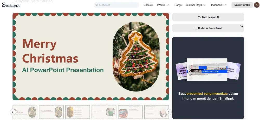 Langkah 2: memilih template Natal dan mengeklik Generate with AI di Smallppt