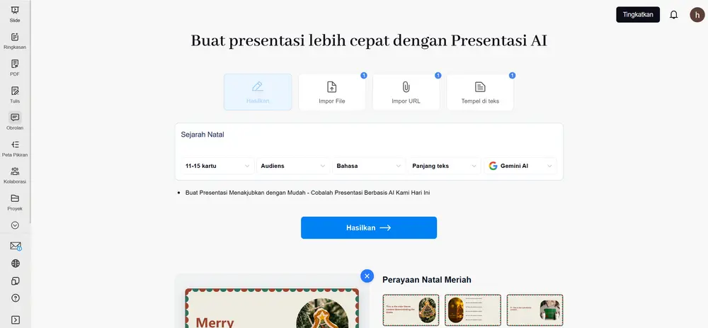 Langkah 3: memasukkan kata kunci topik Natal dan mengeklik Generate di Smallppt