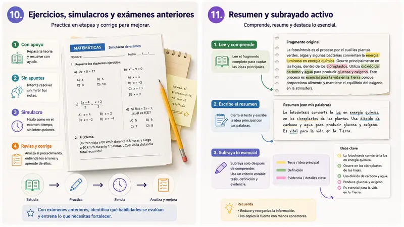 Ejercicios, simulacros y exámenes anteriores y Resumen y subrayado activo